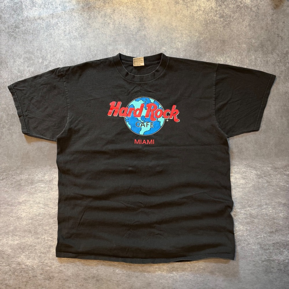 Vtg 90s Hard Rock Cafe Miami T Shirt Mens XL Black Globe Graphic Made in USA
